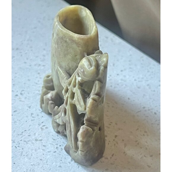 Antique Carved Soapstone Brush Pot Intricate Floral & Nature Design 2.25” T Gift - Picture 3 of 9
